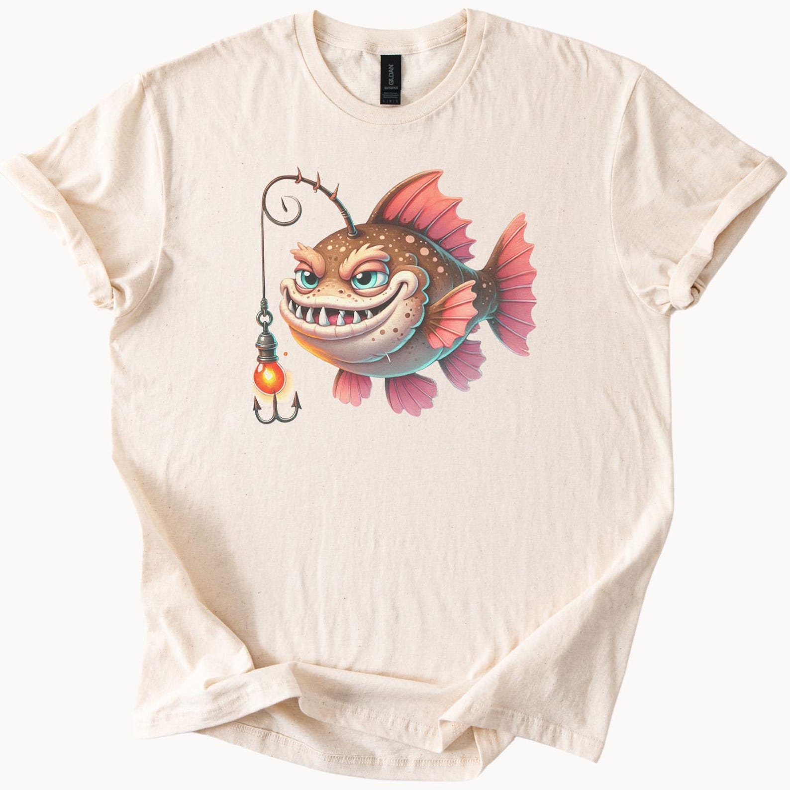 Anglerfish Cartoon Graphic Tee Deep Sea Fish Shirt Funny Ocean Creature TShirt Unique Cute Sea Monster Art Gift for Fishermen 100