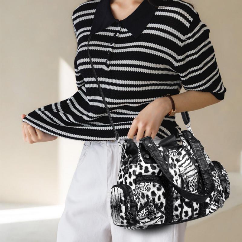 Női leopárdmintás Hobo Táska, Puha PU Bőr Többzsebes Válltáska, Vintage Szegecses Táska Levehető Pánttal a Mindennapi Utazáshoz