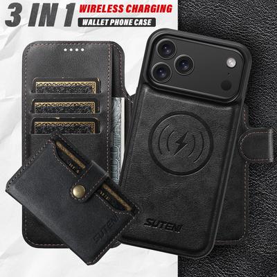 iPhone 17PM Flip Phone Case with Card Slot, Magnetic Snap, and 3-in-1 Wireless Charging Stand - Leather S25U Case
