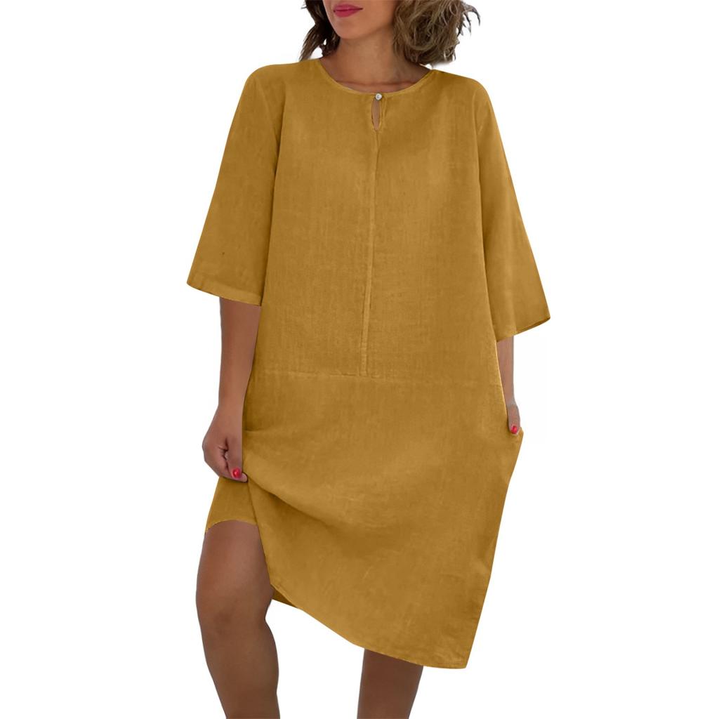 Dam Ny Sommar Sjuärmad Bomull Och Linne Liten V-ringning Patchwork Vintage Enfärgad Klänning