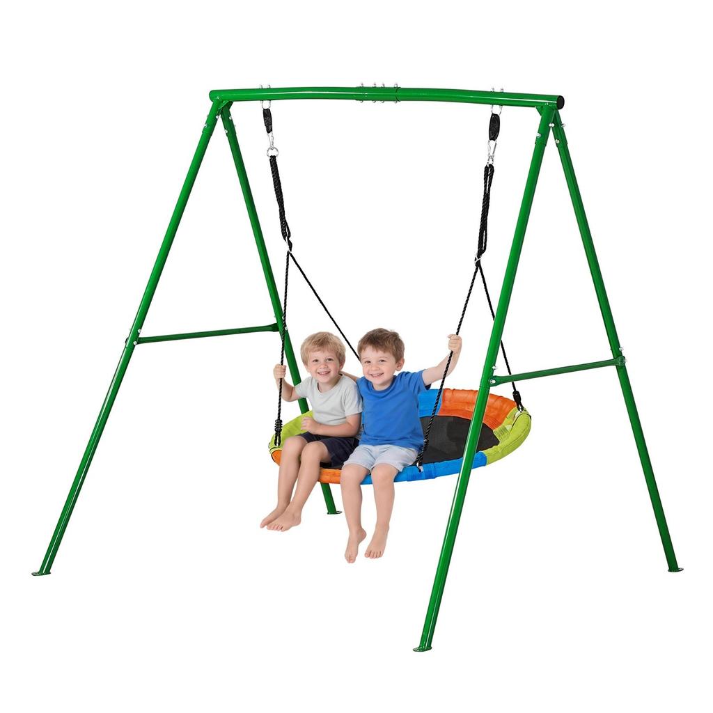 Swing Set for Backyard, 100 Cm Saucer Swing Seat with Heavy Duty A-Frame Metal Stand, 199.6 Kg Load Capacity, Reinforced with Spiral Ground Anchors,