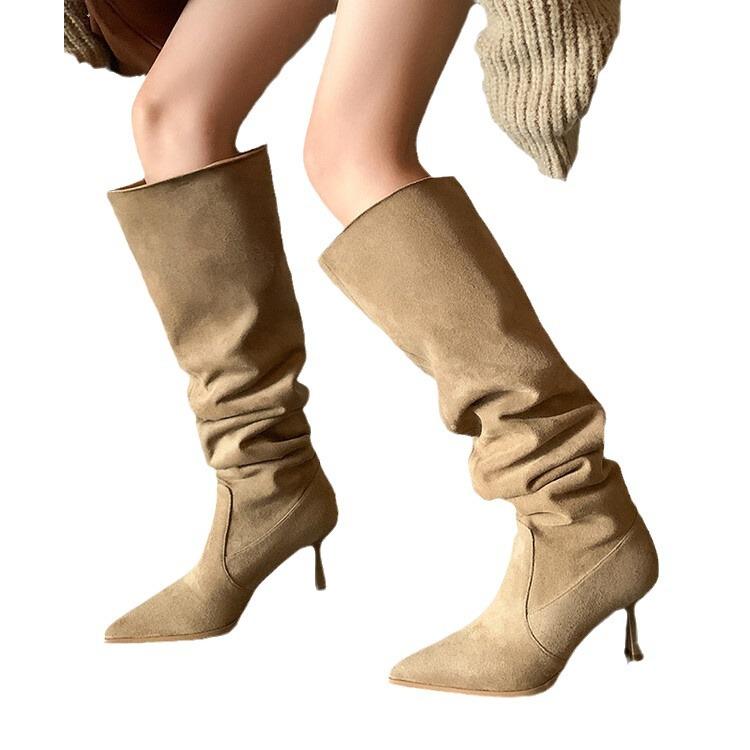 Big tube stacking boots pointed boots women's thin heel high boots high heel thick leg knee boots