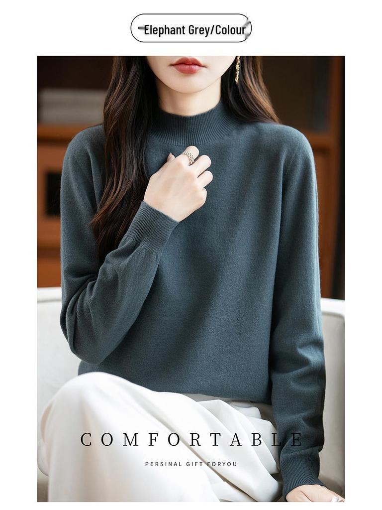 Elegant Autumn Velvet Knit Half-High Neck Sweater for Women - Long Sleeve, Loose Fit Pullover