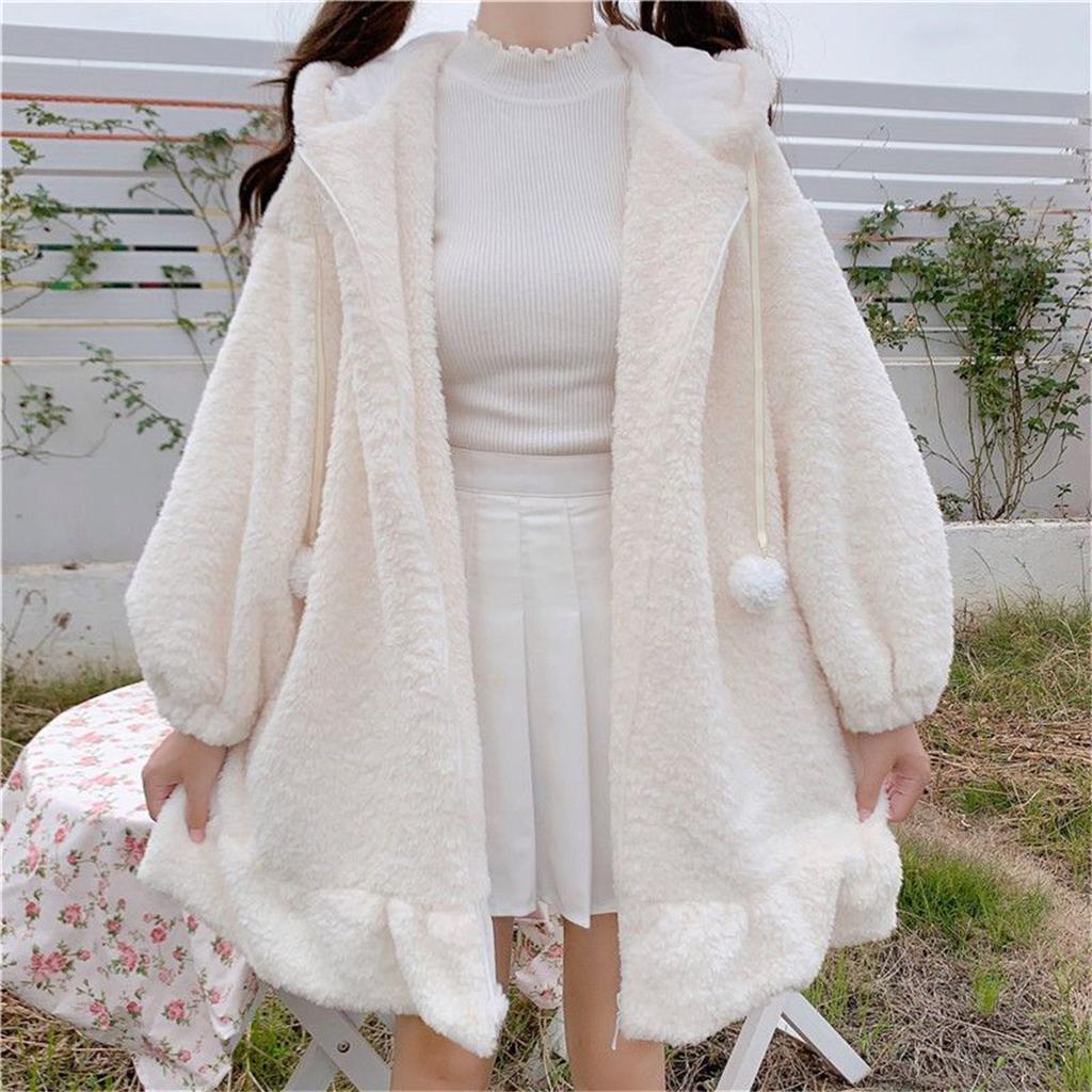 Felpe Invernali Calde Kawaii Orecchie di Coniglio Felpa Donna Ragazza Lolita con Cappuccio e Zip Felpe Casual Manica Lunga Felpa Harajuku
