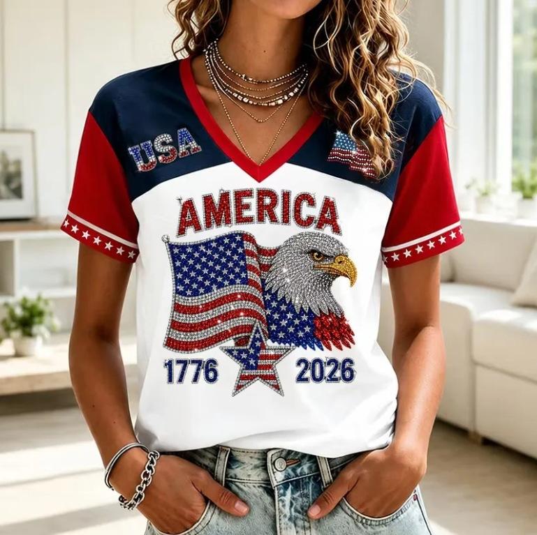 European and American Style Women's Clothing Casual V-neck Short-sleeved T-shirt D Digital Printing Source Wholesale