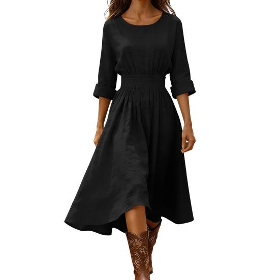 

Women s Cotton Linen Midi Dress Casual Crew Neck Long Sleeve Swing Dress Summer Pleated A-Line Flowy Dress S