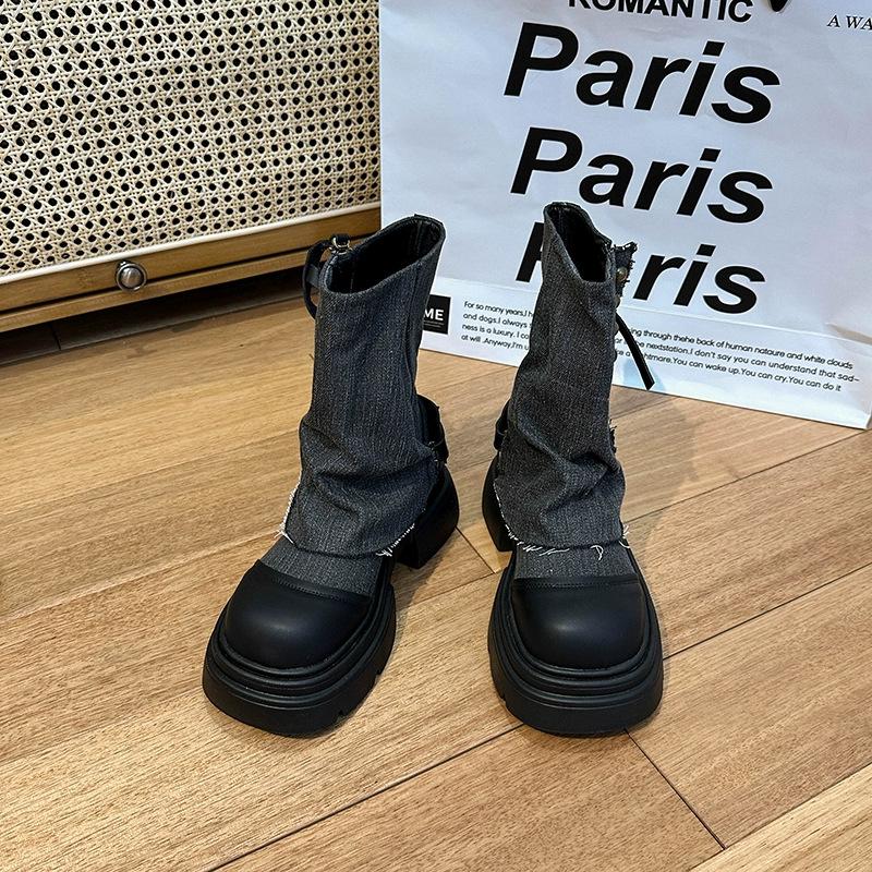 Design sense niche denim trouser boots women's spring and summer new medium tube cigarette casual thick-soled Martin boots