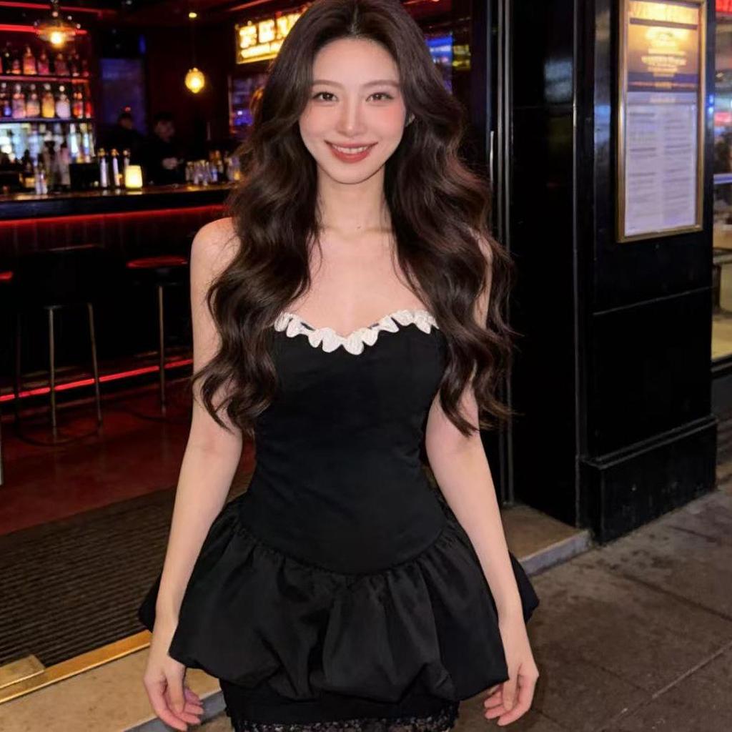 Women's Spicy Style Lace Color Block One-Shoulder Strapless Dress - Summer Sexy Puff Flower Bud Short Skirt