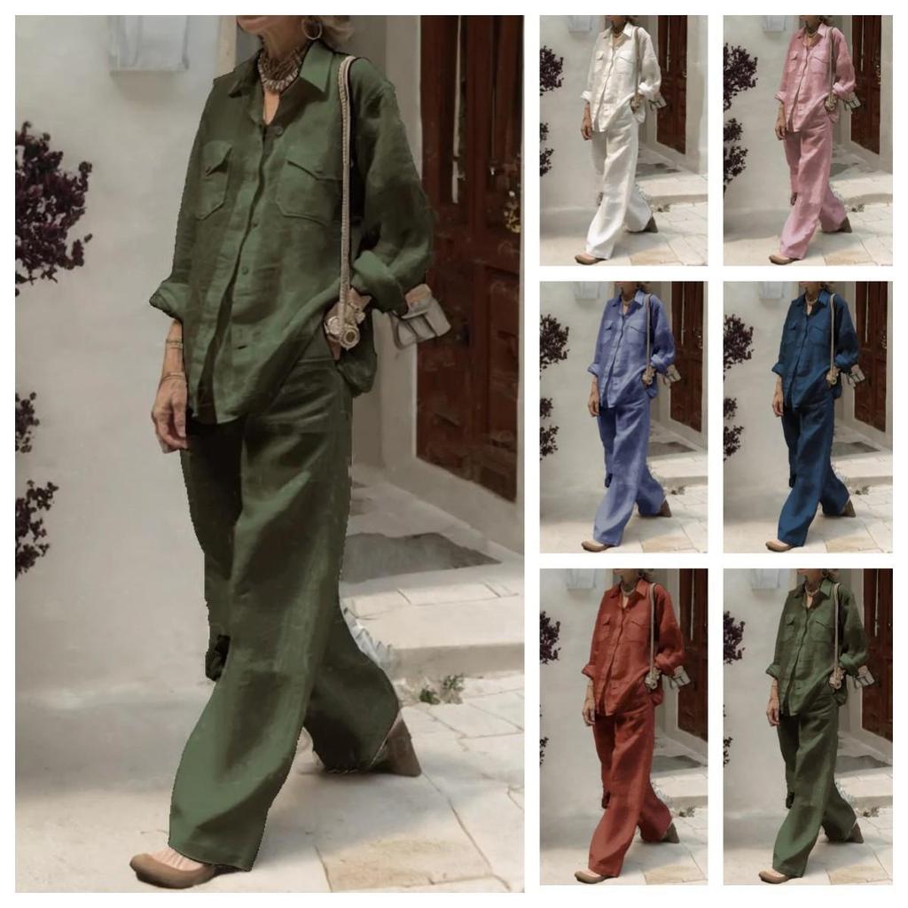 Fashion Solid Cotton Linen Shirt Set for Women Long Sleeve Blouse Top Pockets Pants Suit Female Casual Outfits