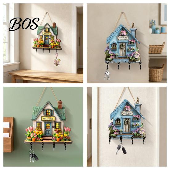 Durable Key Hook Wooden Fairy House Hanging Sign, Cottage Holder Wall Decor with 4 Entryway Storage Hooks, Vintage Flower Rack for Hallway Kitchen