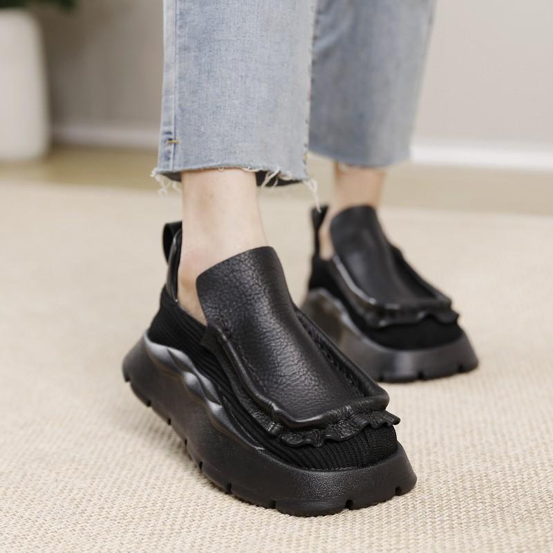 Johnature Vintage Flat Platform Shoes Women Handmade Round Toe Solid Color Comfortable Thick Sole Slip-on Shoes