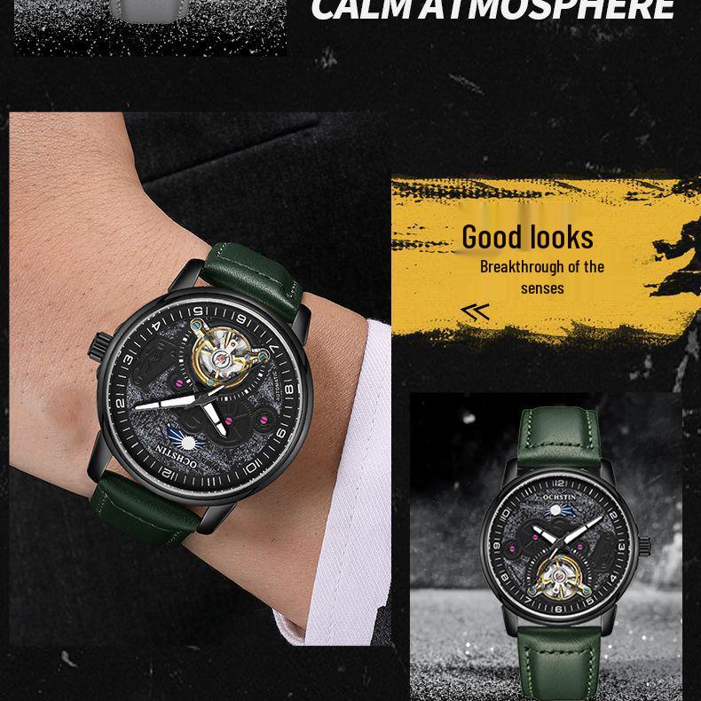 Swiss Tourbillon Men's Mechanical Watch, Large Dial, Automatic, Fashionable Leather Strap, High-End Feel
