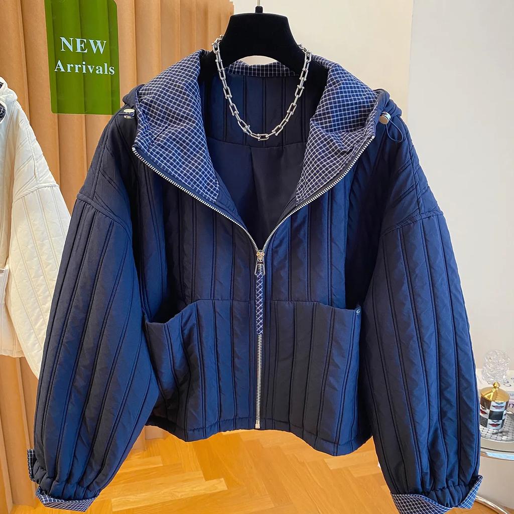 Autumn Hooded Short Jacket Clothes Women Harajuku Patchwork Plaid Jacket Outwear Coat