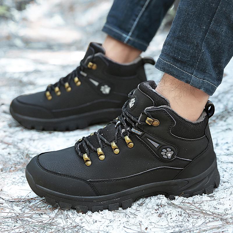 Men's Winter Snow Boots Fashion Waterproof Leather Casual Sneakers Plus Cotton Warm Hiking Boots Outdoor Work Shoes for Men