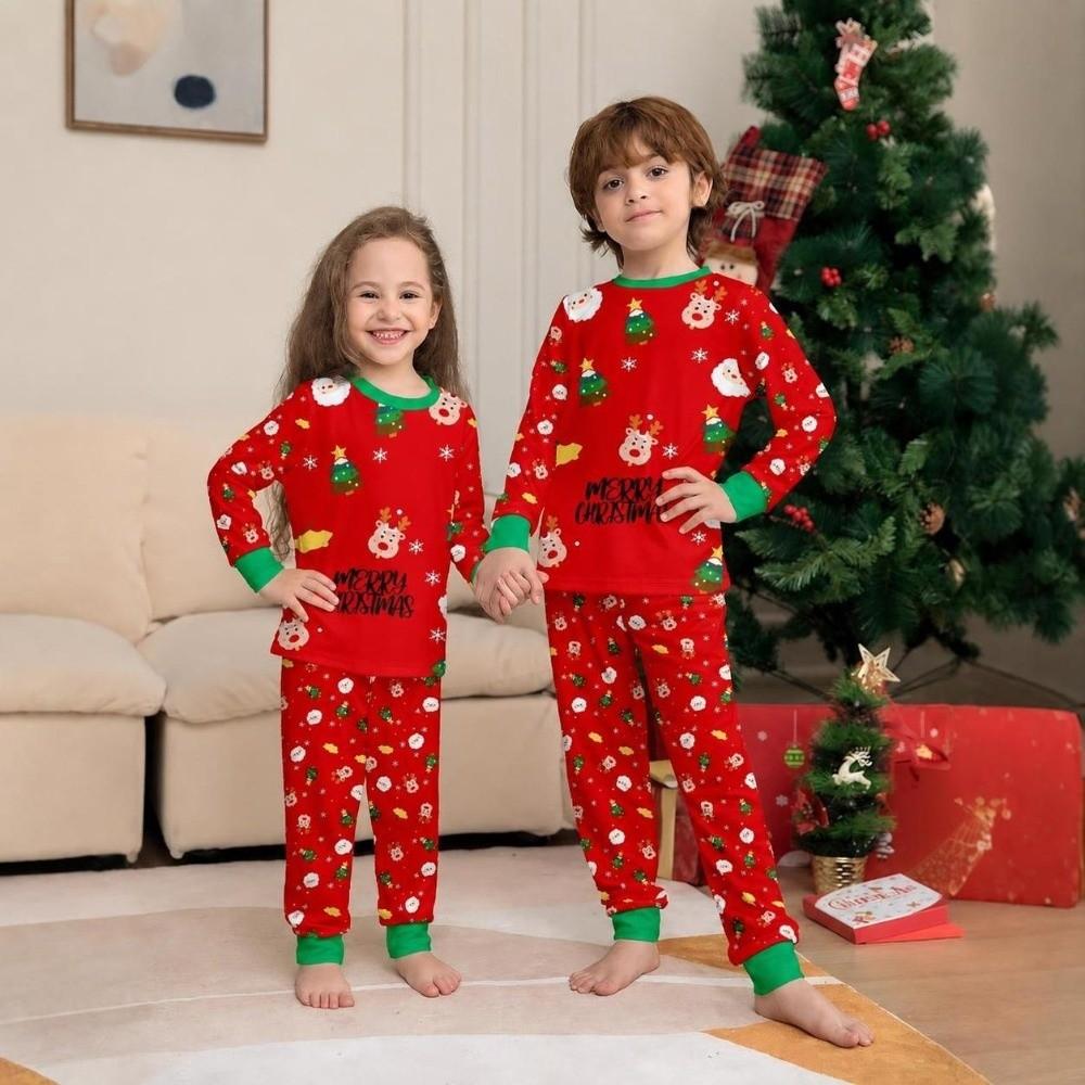 Long Sleeve Family Matching Pyjamas Printed Top+Pants Red Couple Christmas Outfit Adult Kids