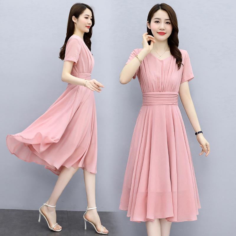 Elegant V-Neck Slim Fit Chiffon Dress - 2022 Women's Medium-Long Style