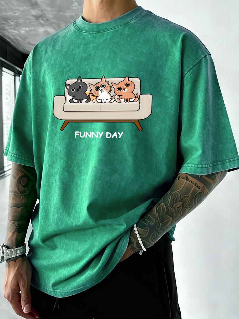 Funny Day Relaxed Cat Pattern Washed TShirt Men Summer Vacation Clothing Casual Crewneck Tee Shirts Oversize Cotton Streetwear