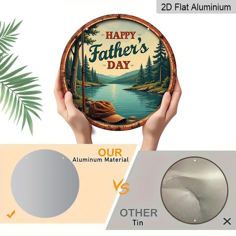 2D Flat, 1pc Vintage "Happy Father's Day" Metal Aluminum Sign - Rustic Fishing Lake & Pine Forest Wall Decor with Happy Fisherman, Durable Aluminum