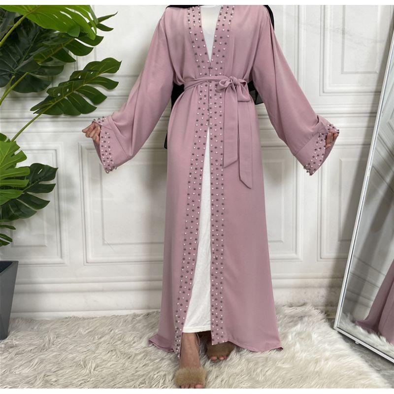 

Fashion Solid Color Beaded Muslim Cardigan Lace-up Dress Purple XXL