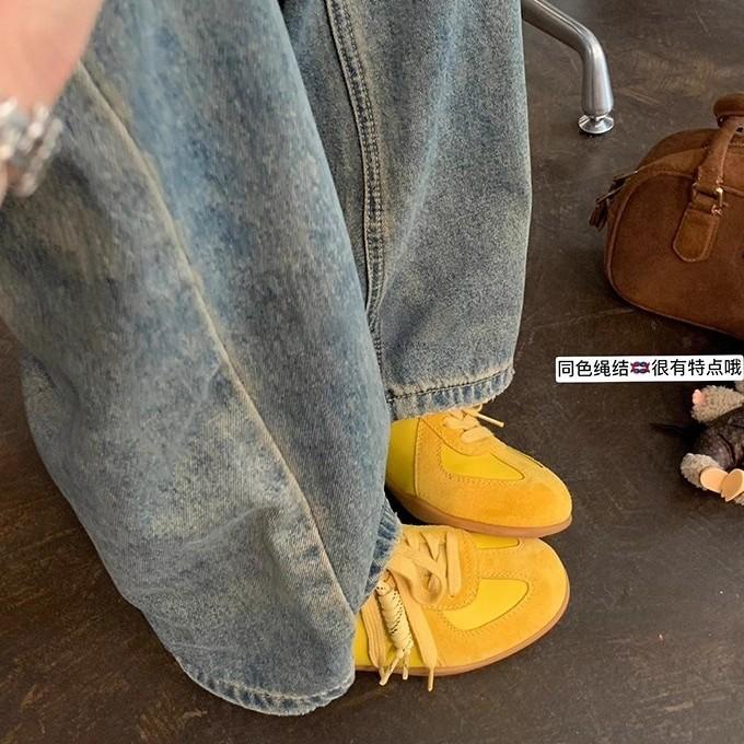 Cowhide Retro Platform German Training Shoes Women's New Knots and Laces Color Matching Casual Sports Shoes Heightening Forrest Gump Shoes Board Shoes