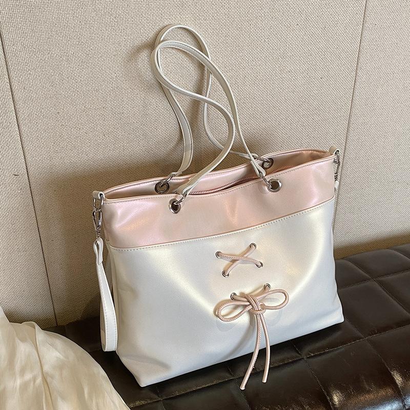 Summer Sweet Tote Bag for Women  New Large Capacity Soft PU Lace-up Shoulder Bags Fashion College Student Commuter Handbags