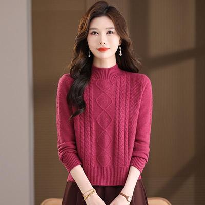Women's Autumn & Winter Half-High Neck Knitwear: Warm Diamond Cable Slimming Top for Inner or Outer Wear, Gentle Temperament.
