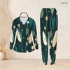 Women Plus Size Black Brown Printed Nurse Scrub Set V Neck Long Sleeve Top With Pockets And Long Pants