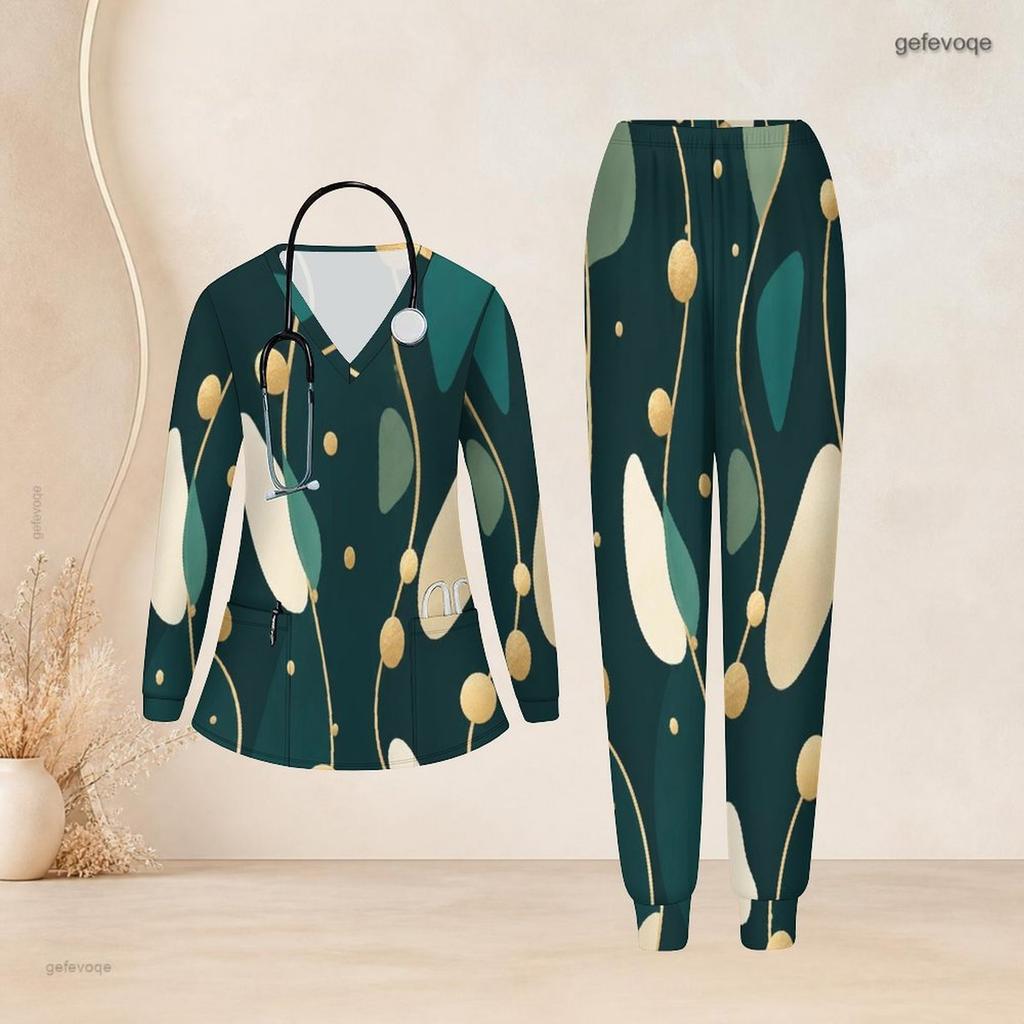 Women Plus Size Black Brown Printed Nurse Scrub Set V Neck Long Sleeve Top With Pockets And Long Pants