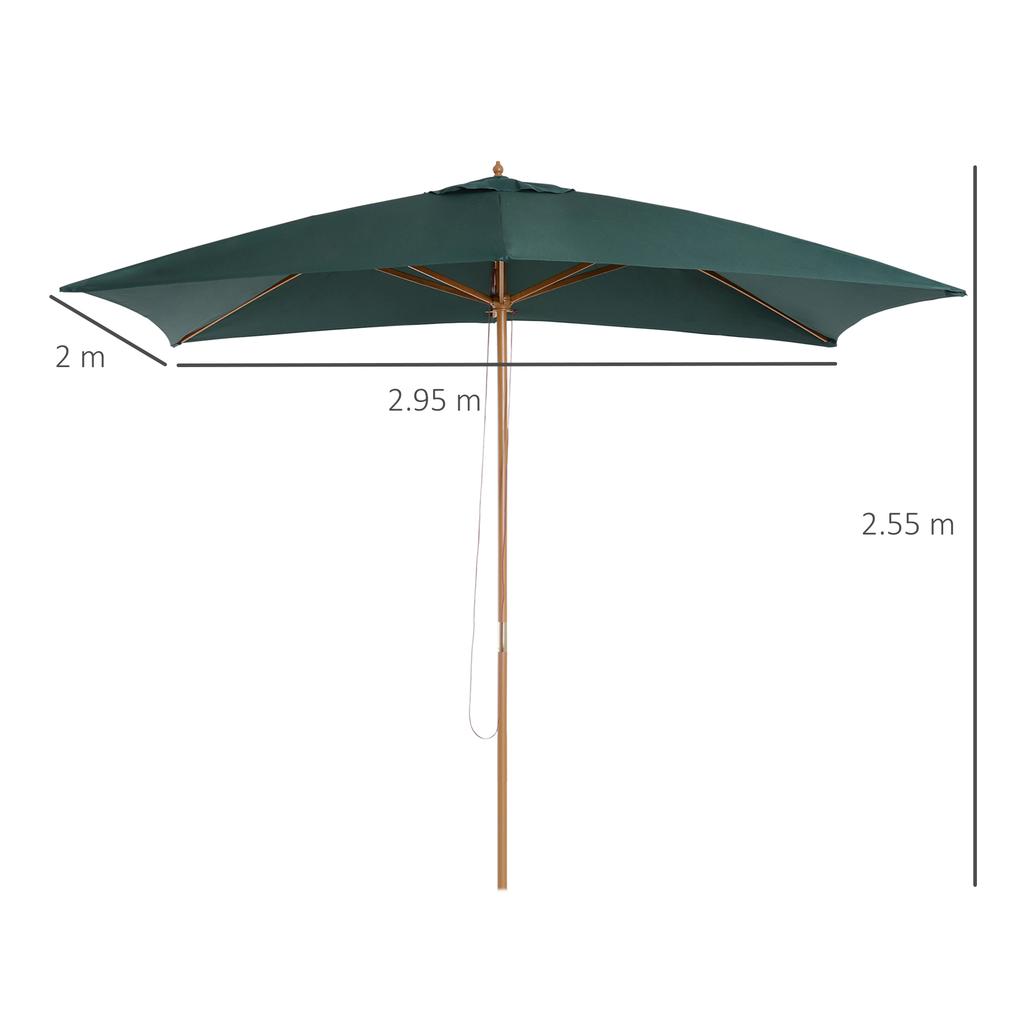 Parasol 2x3 m for Garden in Lacquered Wood and Bamboo with Removable Cover, Dark Green