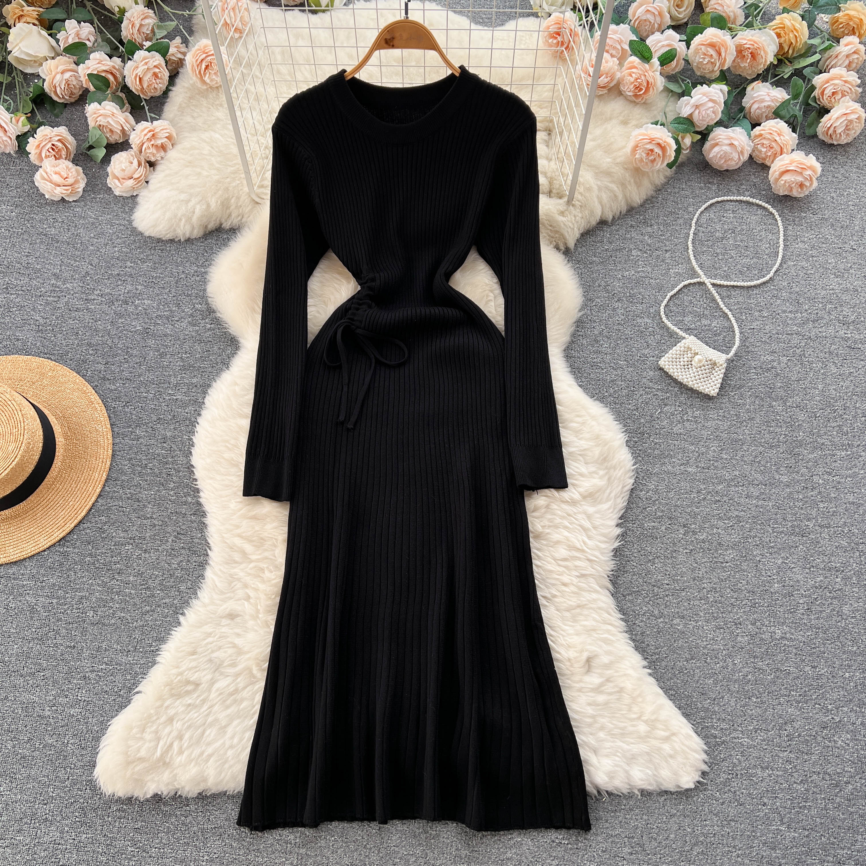 

Зима-Осень, однотонное вязаное платье-свитер с рисунком, женское тонкое платье-пуловер трапециевидной формы с длинными рукавами one size чёрный