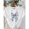 European Size Women's Butterfly Print T-Shirt - Casual Short Sleeve Top with Blue Floral Bow Design, Breathable Summer Tee