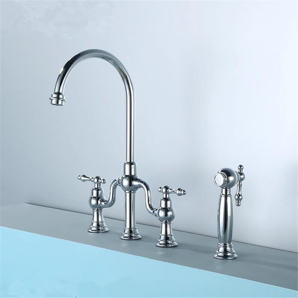 Tuqiu Brushed Gold Kitchen Faucet with Hand shower Head Black Pot Filler Tap Deck Mounted Hot Cold Black Sink Tap Spout Brass