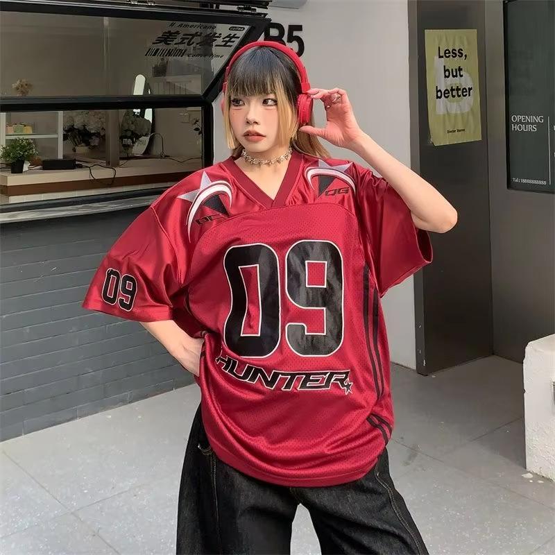 American Street Dance T-shirt Women Summer Oversized V-neck T Shirt Harajuku Trend Short Sleeve Unisex Streetwear Couple Top