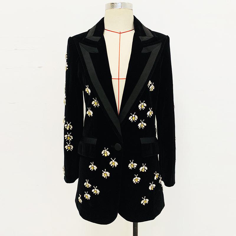 High-End Slim Fit Velvet Suit Jacket with Bee Embroidery and Rhinestone Beadwork