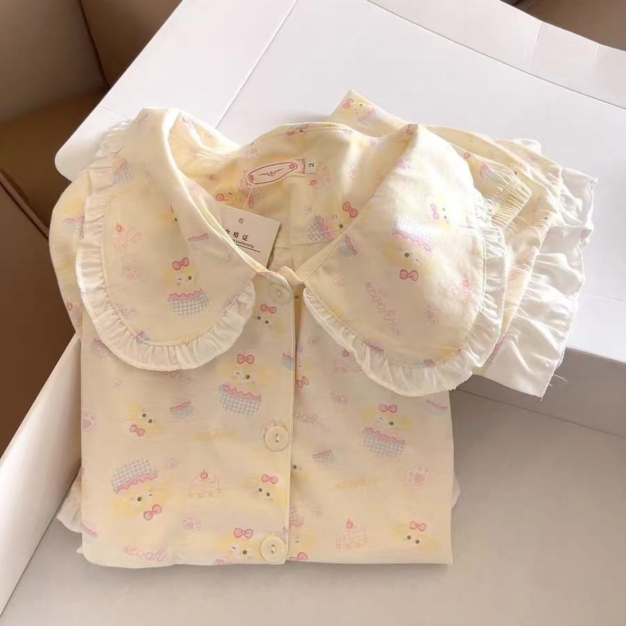 

Full print lace chef cake pajamas women s summer short-sleeved shorts doll collar two-piece girl casual loungewear XXL