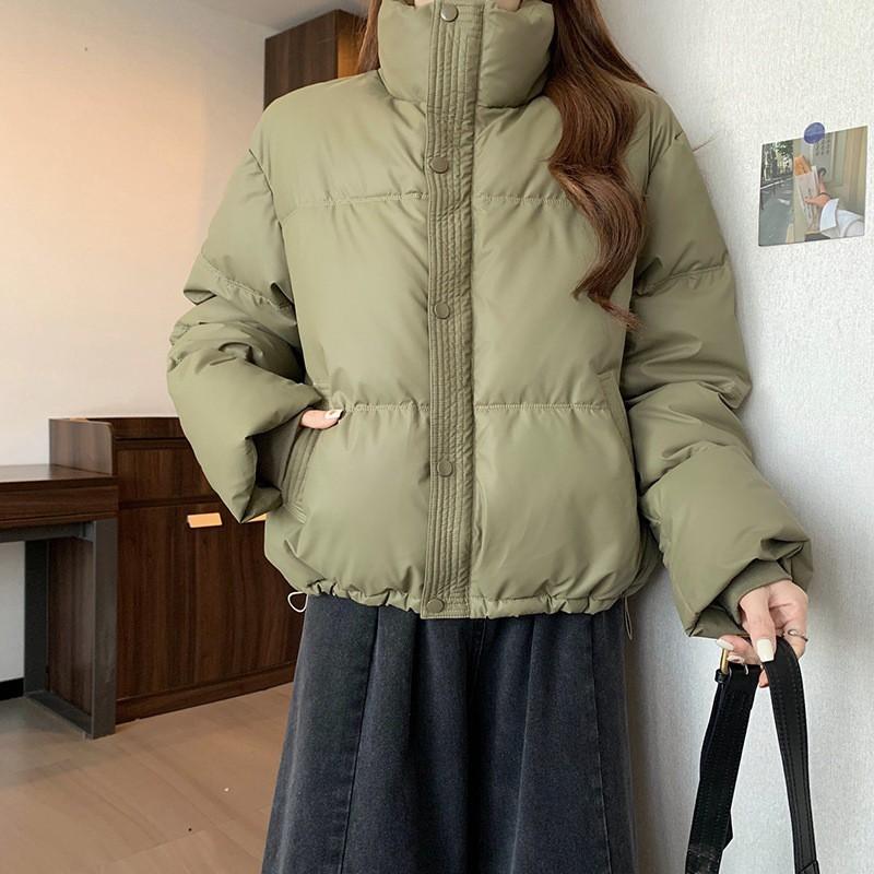 Womens Short Puffer Coat With Stand Collar Goat Leather Outer Shell Warm Cotton-Padded Jacket Winter