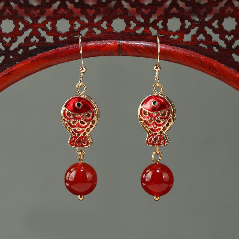 Boucles d'oreilles vintage style chinois poisson rouge koi design de niche féminité style ethnique boucles d'oreilles en jade boucles d'oreilles tendance