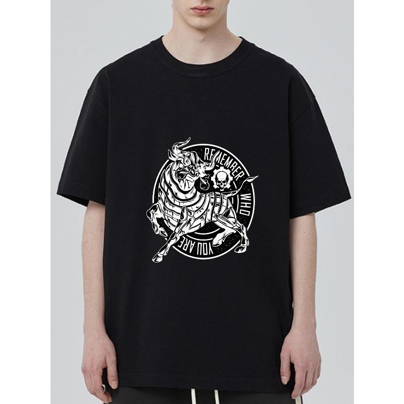 Black T Shirt With Bull And Skull Graphic Remember Who You Are Print For Casual Wear S