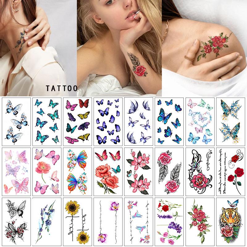 Small Fresh Tattoo Sticker, English, Alphabet Flower Butterfly Sketch Line, Waterproof Tattoo Sticker Tattoo