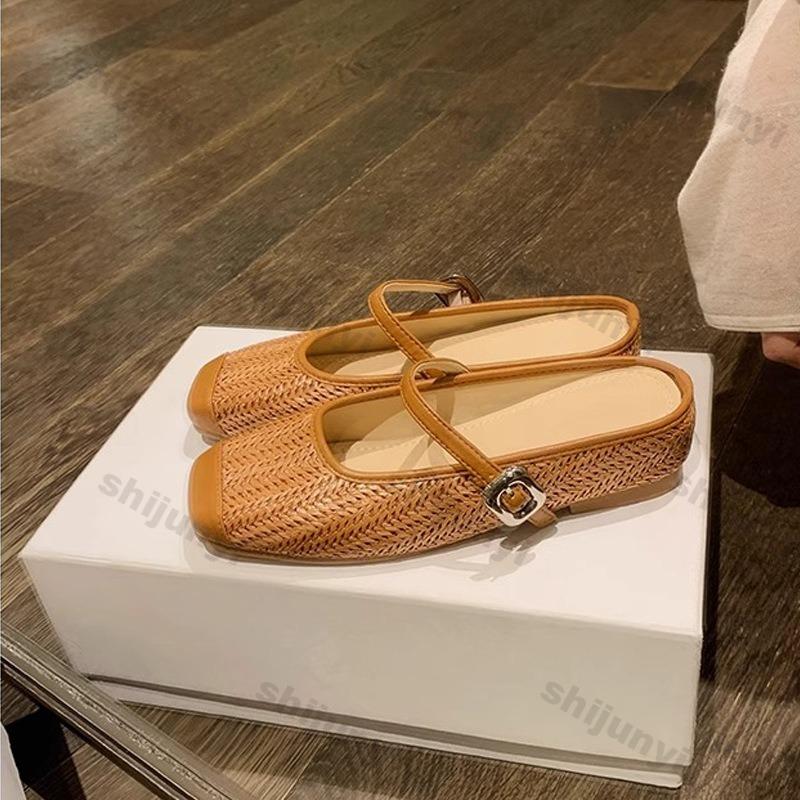 Fashion Summer Vacation Retro Shoes Women Square Head Lightweight Comfortable Slip On Lazy Slipper Breathable Mesh Hollow Casual Flats