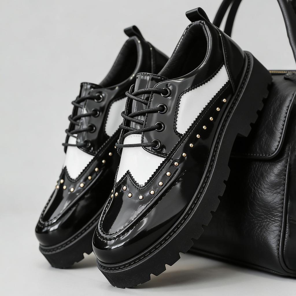 Fashion Rivet Casual Leather Men Shoes Comfortable Wallking Sneakers Lace Up Non Slip Wear Daily Business Preppy Platform Shoes