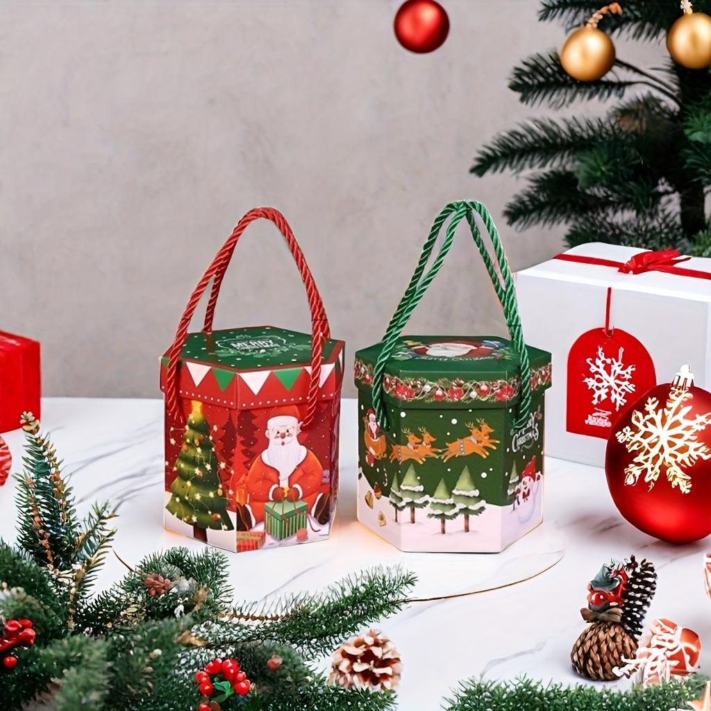 10 Stück Festliche Weihnachtsgeschenkboxen mit Tragekordel, Cartoon-Weihnachtsmann-Rentier-Designs, Charmante Papierverpackung mit Weihnachtsbaum-Thema