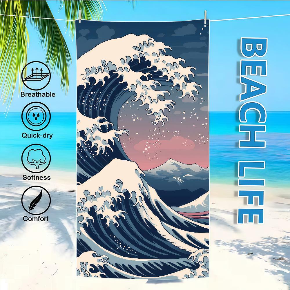 Towel Textile Bathrobe Beach Quick-Drying Lightweight Portable Great Camping Swim Pool Hokusai Wave Travel