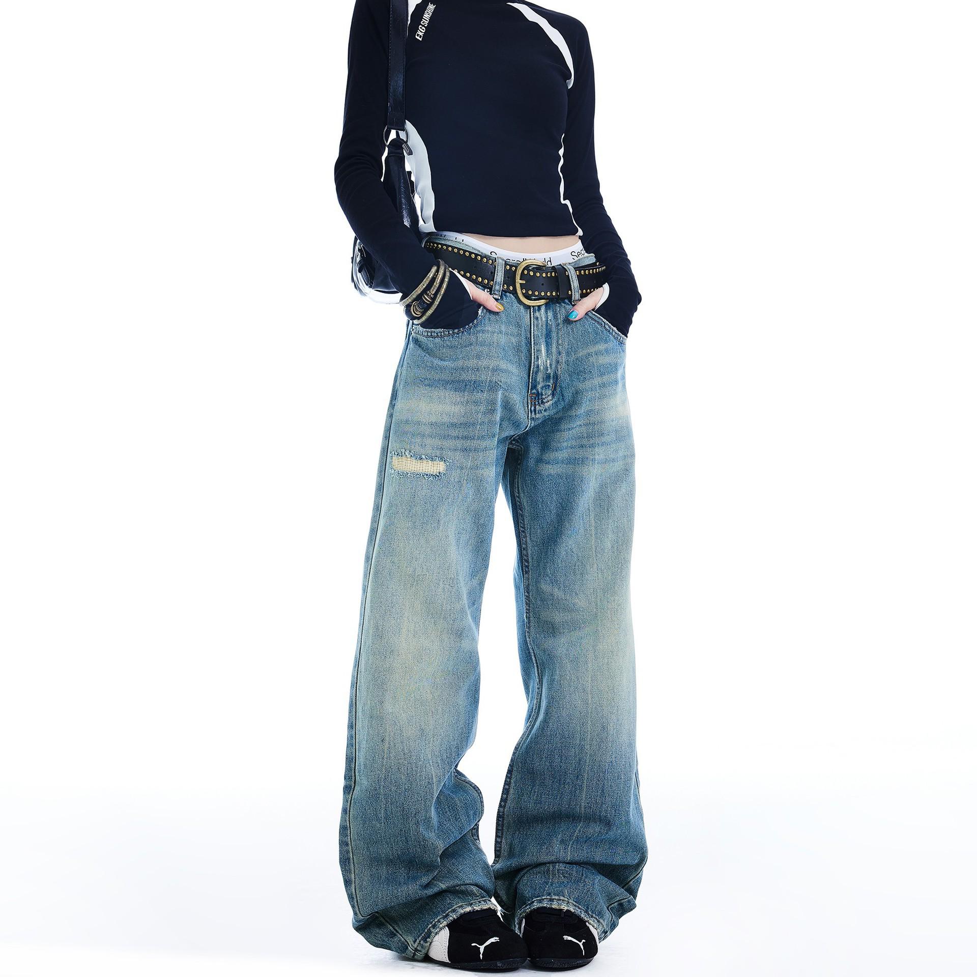 Unisex American Retro Washed Ripped Jeans: Streetwear Loose Straight Wide-Leg Pants, Trendy Floor-Length Style Medium синий