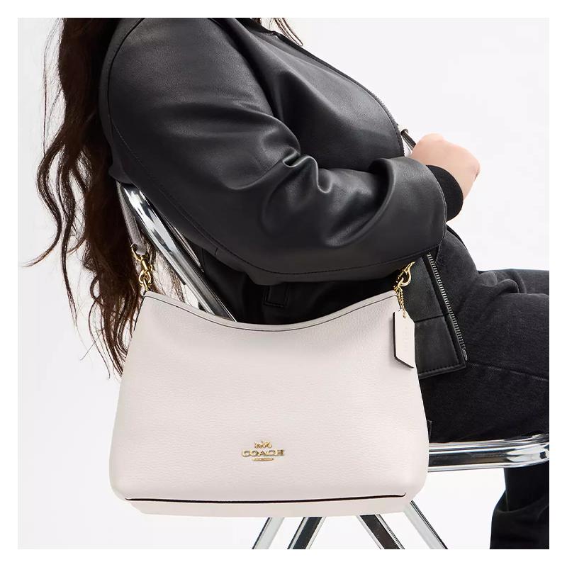 COACH Laurel 31 Logo Logo Zipper Closure Pebbled Leather Crossbody Shoulder Bag Large Women's Gold Chalk