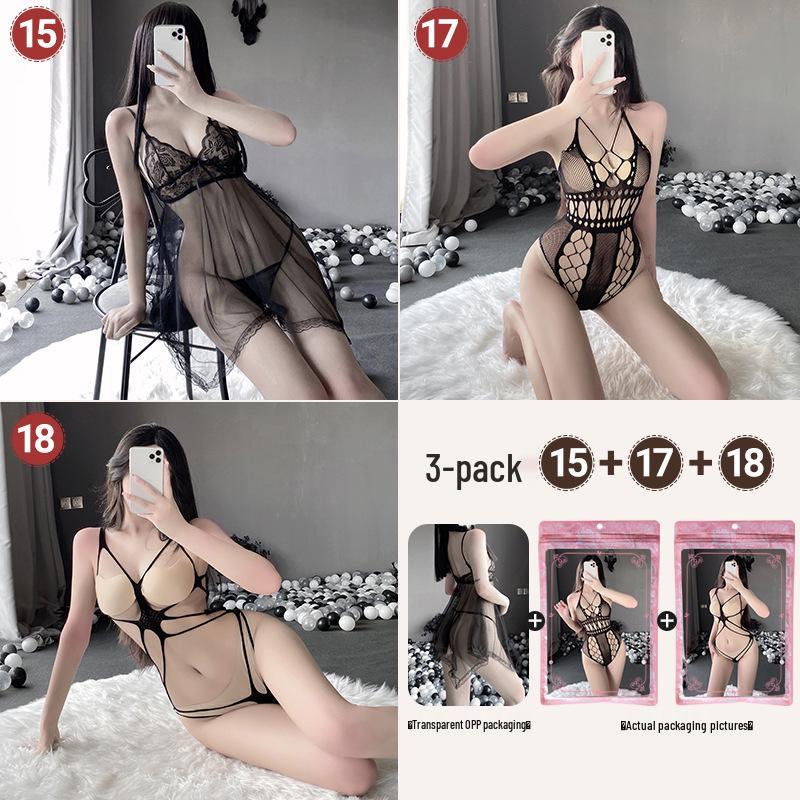 Linlinting Plus Size Sexy See-through Cutout Bodysuit with Open Crotch Stockings Set
