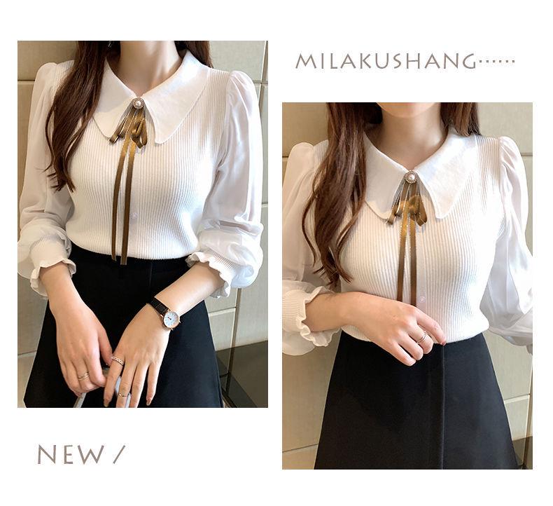 2025 Women's Slim Fit Chiffon Knit Sweater with Peter Pan Collar and Lantern Sleeves