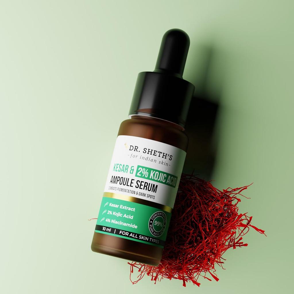 Dr. Sheth's Kesar & 2% Kojic Acid Ampoule Serum 10 Ml Pack for Brightening & Glowing Skin