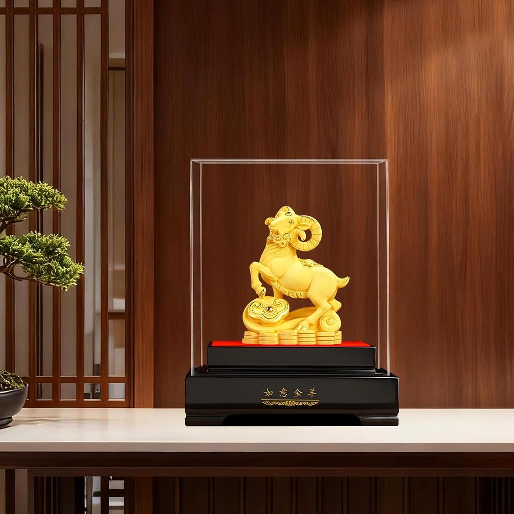 Auspicious Fortune Ram Figurine Statue, Premium Sandblasted Metallic Sandy Finish, Classic Oriental Feng Shui Art Style Decor, Prosperity Centerpiece