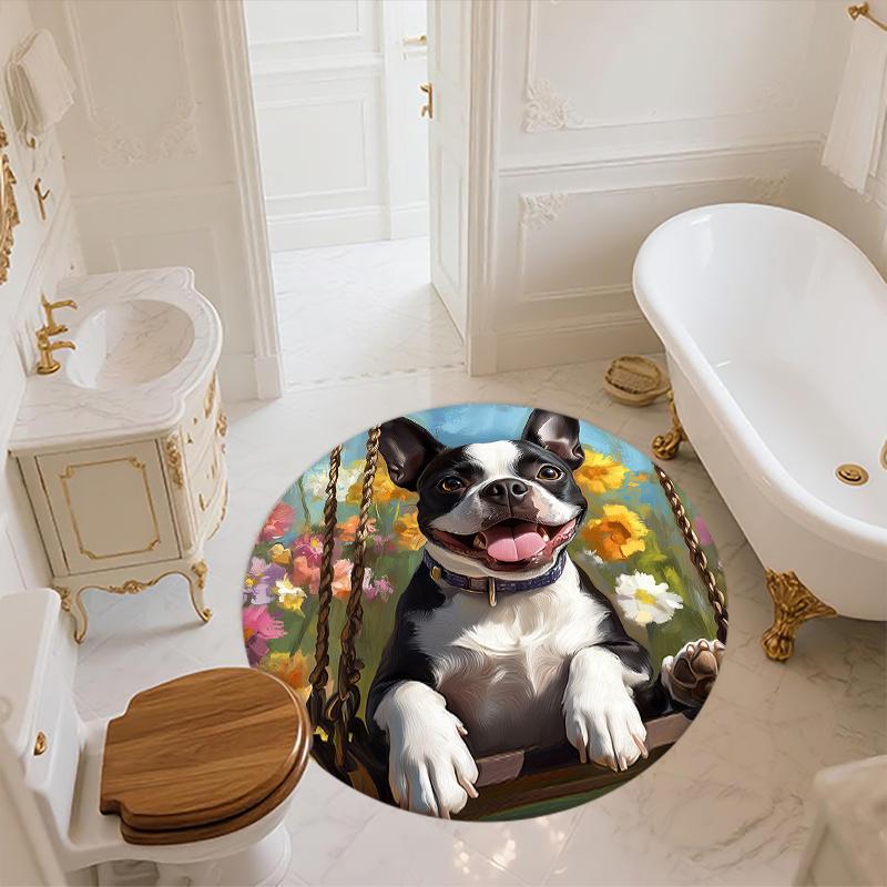Boston Terrier Oil Painting Pattern Round rug,Carpet Rug for Living Room Bedroom  Playroom ,Non-slip Floor Mat,Holiday Gifts and Birthday Gifts.